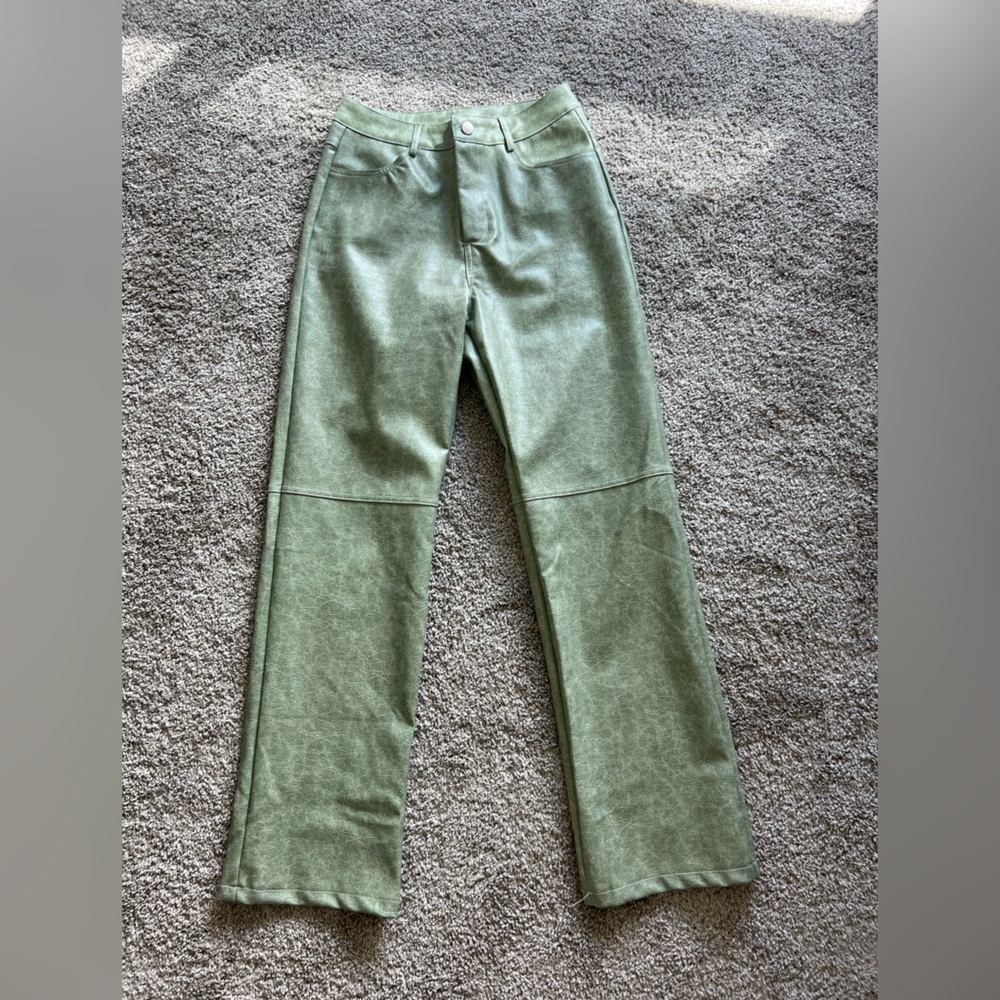 Light green leather straight leg pants